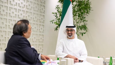 Sheikh Khaled bin Mohamed, Crown Prince of Abu Dhabi and chairman of the Abu Dhabi Executive Council, with Takayuki Ueda, president and chief executive of Inpex, Photo: Abu Dhabi Government Media Office