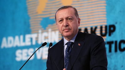 Turkish president Recep Tayyip Erdogan speaks during a conference in Istanbul. His appeal as a politician to the country’s religious conservatives shows no signs of faltering. Murat Cetinmuhurdar / Presidential Palace via Reuters