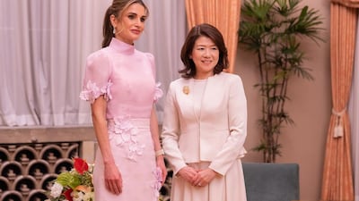 Queen Rania wore a custom powder pink pencil dress by Zimmermann