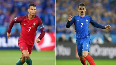 In this composite image a comparision has been made between Cristiano Ronaldo of Portugal, left, and Antoine Griezmann of France. They meet in the Euro 2016 final on Sunday. Matthias Hangst/Getty Images