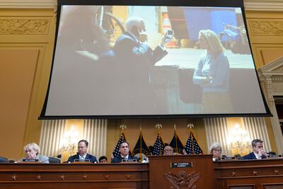 A committee exhibit shows a never-before-seen photo of former vice president Mike Pence looking at a tweet by former president Donald Trump from his secure location during the January 6 riots. AP