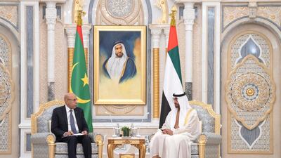 Sheikh Mohamed bin Zayed meets Mohamed Ghazouani, President of Mauritania, during an official visit at Qasr Al Watan. Hamad Al Kaabi / Ministry of Presidential Affairs