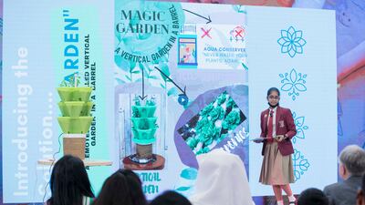 Sreya Binesh from Gems Millennium School in Sharjah presents her innovative ideas at the NextGen10 finals at Expo 2020 Dubai. All photos: Ruel Pableo for The National