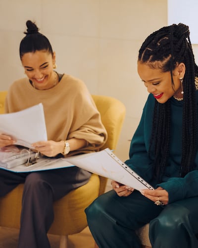 Amina Muaddi and Rihanna look at shoe designs for the Fenty fashion label in 2020. Photo: Fenty