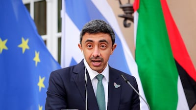 UAE Foreign Minister Sheikh Abdullah bin Zayed speaks during a news conference with his Israeli counterpart Gabi Ashkenazi and German Foreign Minister Heiko Maas (not pictured) following their historic meeting at Villa Borsig in Berlin, Germany. Reuters