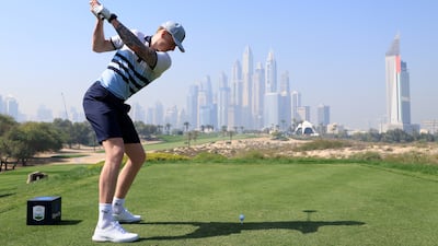 Jordan Pickford of Everton tees off on the 8th hole during a pro-am round prior to the Slync.io Dubai Desert Classic. Getty Images