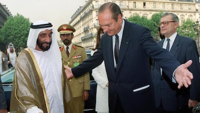 Jacques Chirac with Sheikh Zayed at Paris City Hall on September 10, 1991. AFP
