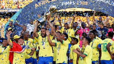 Mamelodi Sundowns players celebrate after winning the African Football League final against Wydad Casablanca at Loftus Versveld in Pretoria on November 12, 2023. AFP
