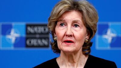 US Ambassador to NATO Kay Bailey Hutchison briefs the media ahead of a Nato defence ministers meeting at the Alliance headquarters in Brussels. Reuters