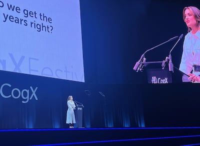 Queen Rania speaking at CogX in London on Tuesday. Damien McElroy / The National