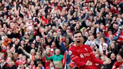 Liverpool's Andrew Robertson celebrates scoring the first goal in the 2-0 victory over Everton at Anfield on Sunday, April 24, 2022. Reuters