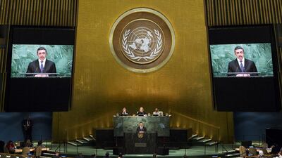 The UAE's Minister of Foreign Affairs Sheikh Abdullah bin Zayed addresses attendees during the 70th session of the United Nations General Assembly in New York last week. (REUTERS/Eduardo Munoz)