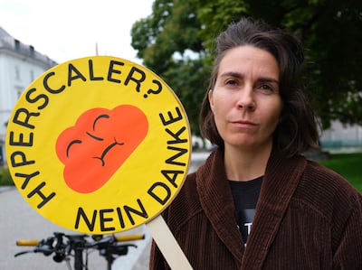 Protest organiser Christina Gruber in Linz, Austria, before a rally on September 11 against the construction of Google’s new data centre in Kronstorf. AFP