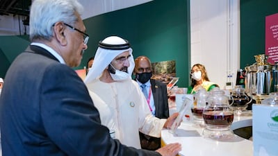 Sheikh Mohammed with Sri Lankan President Gotabaya Rajapaksa at the country's pavilion at Expo 2020 Dubai.