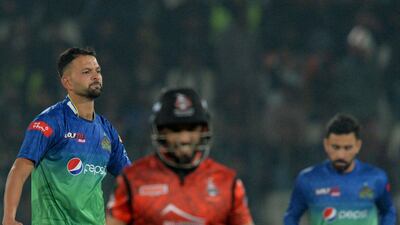 Multan Sultans pacer Ihsanullah celebrates the wicket of Lahore Qalandars' Kamran Ghulam. AFP