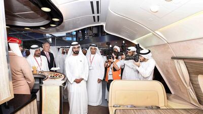 Sheikh Mohammed bin Rashid, Vice President and Ruler of Dubai, Sheikh Hamdan bin Mohammed, Crown Prince of Dubai, and Sheikh Ahmed bin Saeed, president of Dubai Civil Aviation Authority and chairman of the Emirates Group, visit the Emirates stand at the Arabian Travel Market. Courtesy Emirates