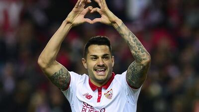 Sevilla's midfielder Vitolo celebrates after scoring against Malaga at the Ramon Sanchez Pizjuan stadium in Sevilla on December 17, 2016. Cristina Quicler / AFP