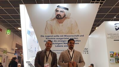 Jalal Luqman, left, and Khalid Bin Hamad at Frankfurt Book Fair. Saeed Saeed / The Naitonal