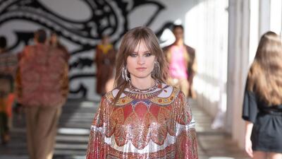 Etro transformed its signature paisley print into a shimmery dress for autumn / winter 2021. Courtesy Etro