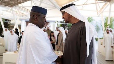 President Sheikh Mohamed receives President Julius Maada Bio of Sierra Leone, at Qasr Al Bahr. Abdulla Al Bedwawi / UAE Presidential Court