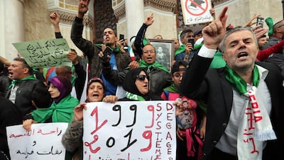 Algerian protesters shout slogans during a demonstration in Algiers. EPA