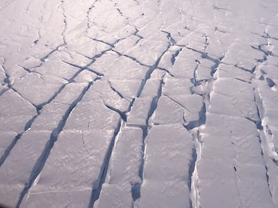 Cracks in the Thwaites Glacier, west Antarctica, in 2020. A new study provides a close-up view of melting underneath the glacier using data from an international expedition and underwater robot Icefin. Photo: ITGC