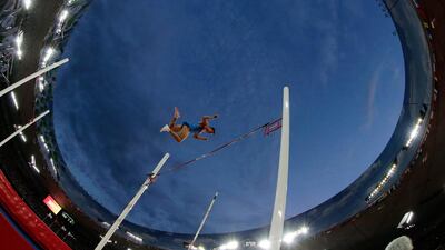 Russia’s Georgiy Gorokhov makes a clearance during the men’s pole vault qualification at the World Championships in Athletics at Beijing on Saturday. Andy Wong / AP