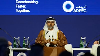 UAE Energy Minister Suhail Al Mazrouei speaking during a panel session at Adipec. AP