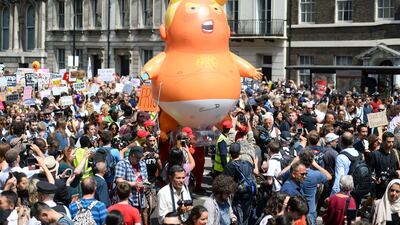 The Trump baby balloon at the march to Parliament Square in London, as part of protests against his 2019 visit to the UK. PA