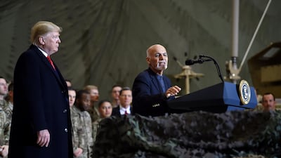 Afghan President Ashraf Ghani speaks to US soldiers at Bagram air base during a surprise Thanksgiving Day visit by President Donald Trump on November 28, 2019. AFP