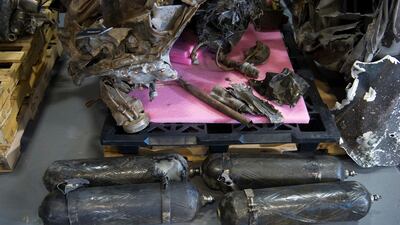 The remains of an Iranian rocket which was fired by Yemen into Saudi Arabia, according to US Ambassador to the UN Nikki Haley during a press briefing at Joint Base Anacostia-Bolling. Cliff Owen/ AP Photo