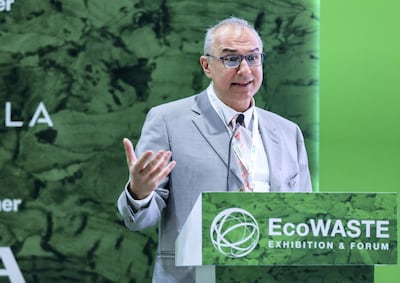 Antonis Mavropoulos, president of the International Solid Waste Association, speaks at the EcoWaste Exhibition and Forum in Abu Dhabi on Wednesday. Victor Besa / The National