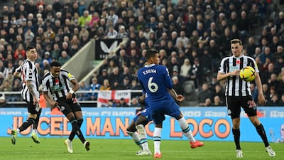 Joe Willock of Newcastle United scores at St James' Park. Getty