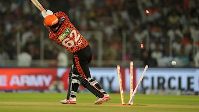 Sunrisers Hyderabad's Travis Head is bowled out by Kolkata Knight Riders' Mitchell Starc for a duck. AP