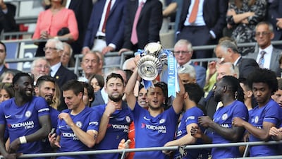 May 2018. FA Cup final. Chelsea 1 Manchester United 0. A tense final at Wembley was decided by Hazard, pictured lifting the cup, who scored with a 22-minute penalty. United had their chances to get back into the game but were denied as Conte won a trophy in what would prove to be his last match as Chelsea manager before he was fired over the summer. Getty