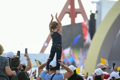 Crowds cheer as Pope Francis arrives for the public Mass at Bahrain National Stadium last week. Khushnum Bhandari / The National
