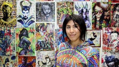 Dubai, United Arab Emirates - April 11, 2019: Artist Leyla Ghobadi with her work at the Middle East Film and Comic Con. Thursday the 11th of April 2019. World Trade Centre, Dubai. Chris Whiteoak / The National