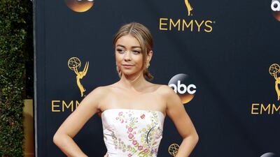 Sarah Hyland wears Monique Lhuillier to the 2016 Primetime Emmy Awards. EPA
