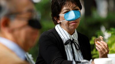 A nasal mask designed by Mexican scientist, Gustavo Acosta Altamirano, as a measure to protect against Covid-19 transmission while eating publicly. Reuters