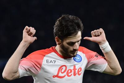Napoli's Georgian forward Khvicha Kvaratskhelia celebrates after scoring against Cremonese on February 12, 2023. AFP