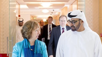 Crown Prince receives Baroness Catherine Ashton, High Representative of the Union for Foreign Affairs and Security Policy for the European Union and Vice-President of the European Commission, left, before a meeting at Al Mamoura in Abu Dhabi. Ryan Carter / Crown Prince Court — Abu Dhabi