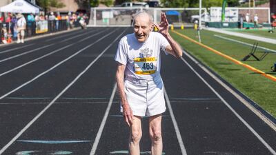 Roy Englert, 100, crosses the finish line and takes home the gold medal in the men's 400M (100-plus age bracket) at the 2023 National Senior Games. Nearly 12,000 men and women aged 50 and over are competing from July 7 to 18 as part of the largest multi-sport event in the world for seniors. All photos: AP