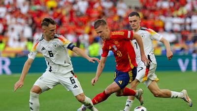 Spain's Dani Olmo in action during their 2-1 Euro 2024 quarter-final extra-time victory against Germany in Stuttgart. AFP