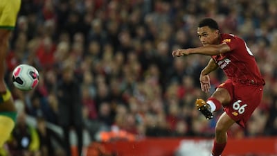 Liverpool right-back Trent Alexander-Arnold takes a free-kick. AFP