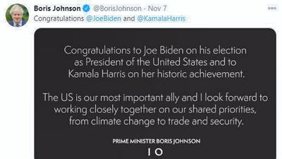 Boris Johnson's message of congratulation to President-elect Joe Biden. The British press soon spotted that the image was superimposed on an alternative message of congratulation in the event of a President Trump victory. @BorisJohnson