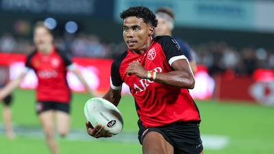 Action from the Gulf Under-19 Boys final between DESS College and Dubai College at the Emirates Dubai Sevens. Victor Besa / The National
