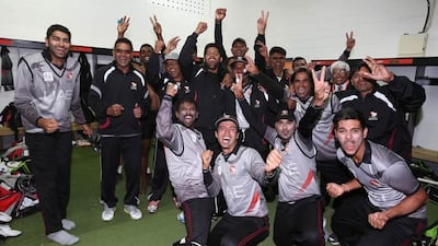 The UAE cricket team celebrate their ICC World Cup qualification on Thursday. Courtesy ICC