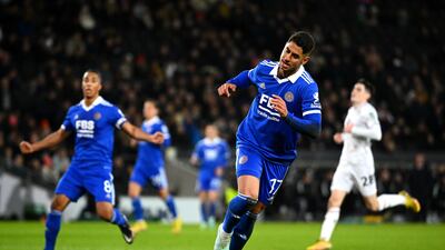 Ayoze Perez celebrates after scorring Leicester's second goal. Getty