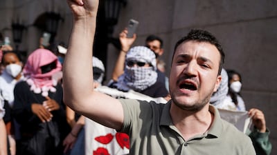 Mahmoud Khalil attends a pro-Palestinian protest outside Columbia University in October 2025. Reuters