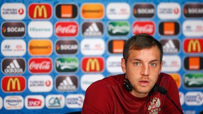 Artem Dzyuba talks to media on Wednesday in Lille ahead of his team's Euro 2016 match against Slovakia. Uefa Handout / Getty Images / June 14, 2016